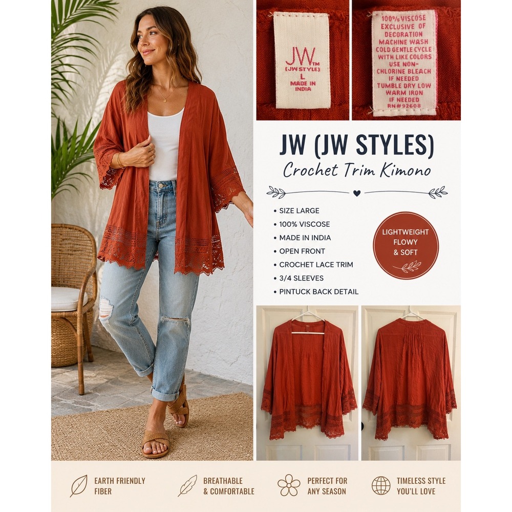 JW Style Crochet Trim Kimono Womens Large Rust Orange Lace Open Front Cardigan